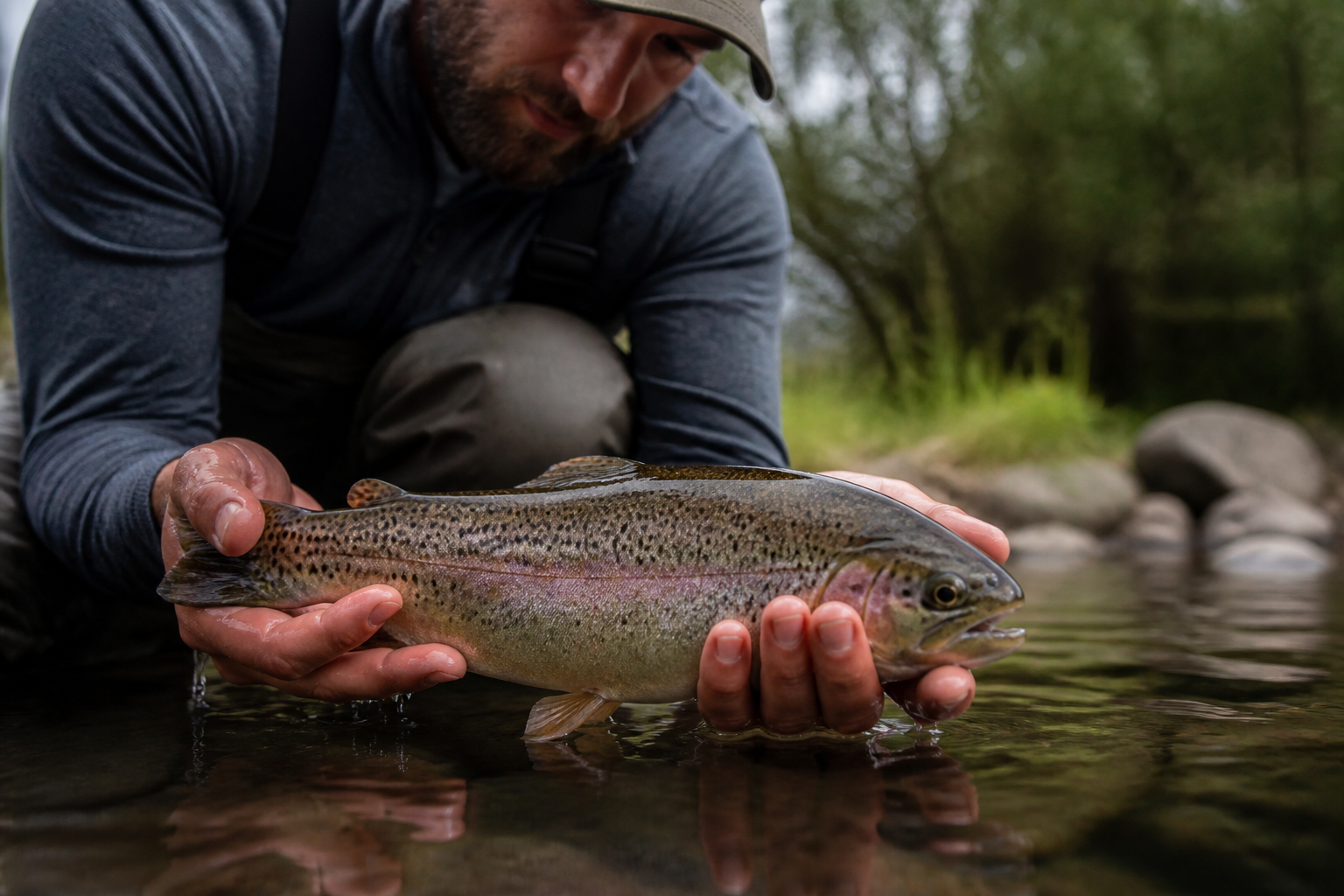 Angler releasing a trout back into the water