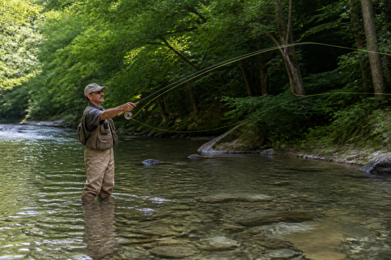 Fly fisherman wading and casting in a forest river