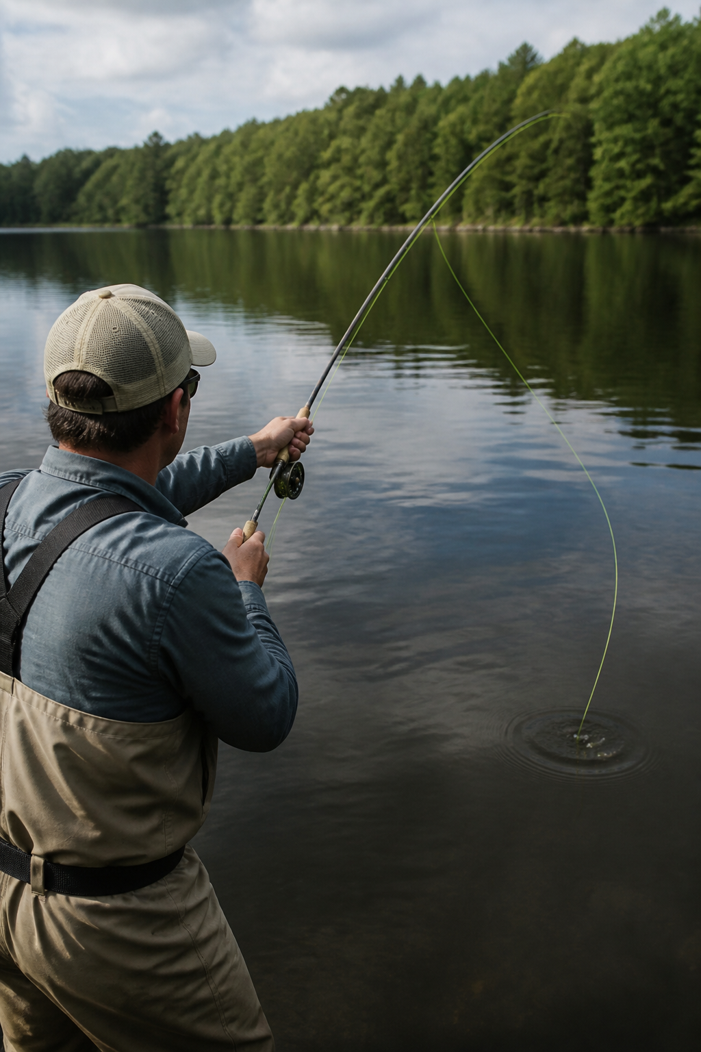 Angler casting a line on calm water