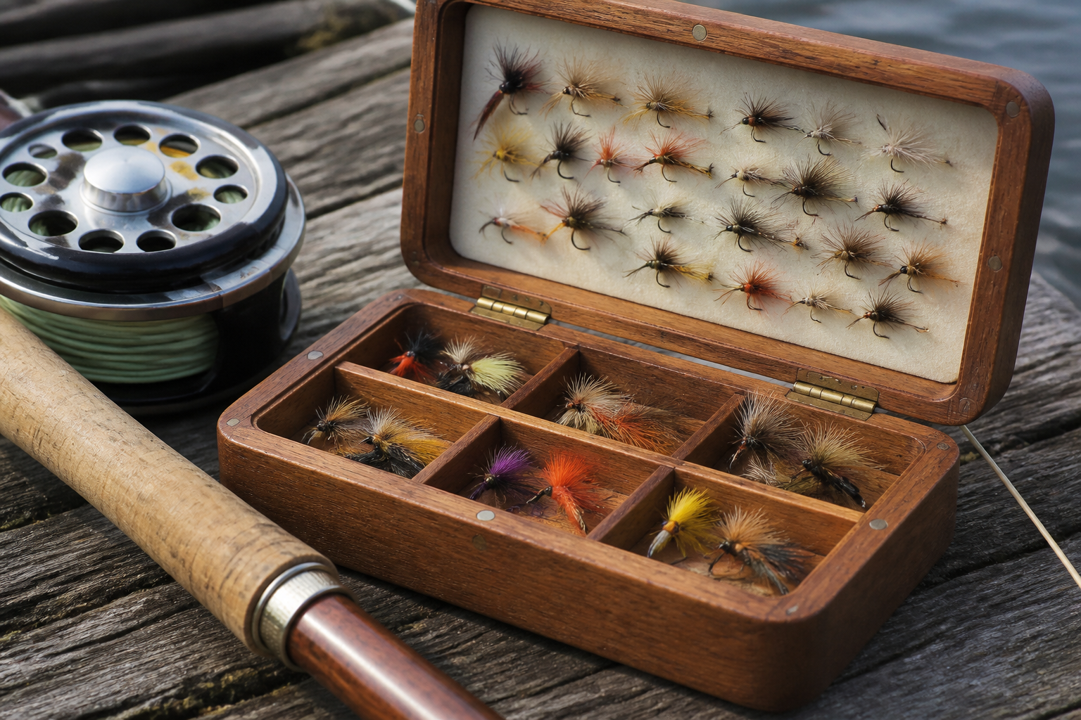 Fly box, reel, and rod on a weathered dock