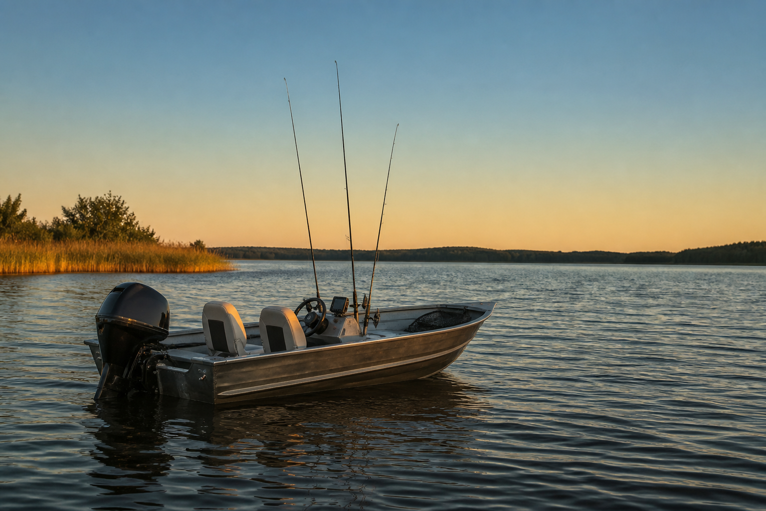 Fishing boat on a wide lake at golden hour